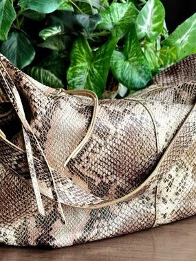 HOBO Snake-Print Shoulder Bag in Beige and Brown